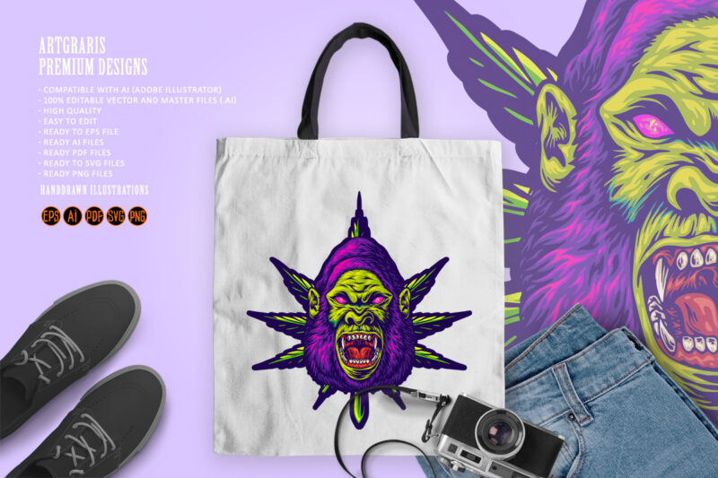 Psychedelic Gorilla Face with Colorful Marijuana Leaves Illustrations