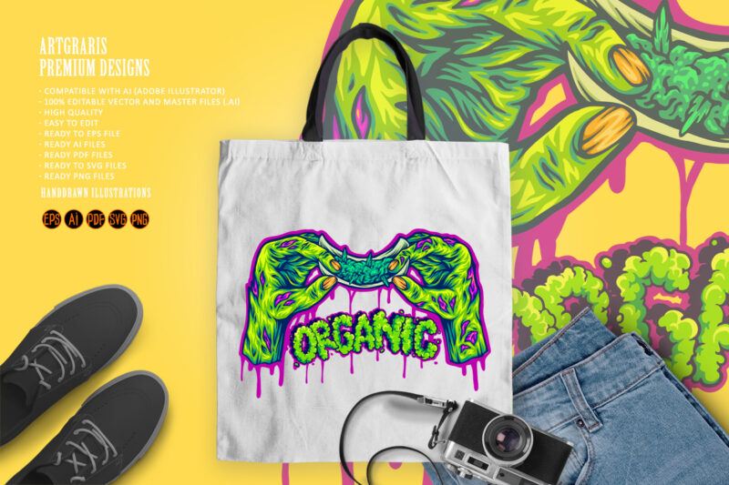 Undead Hands Preparing Weed Joint with Grunge Organic Typography
