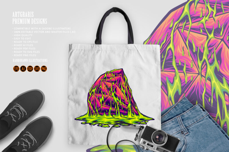 Neon Crystal Meltdown Vibrant Slime Rock Illustration
