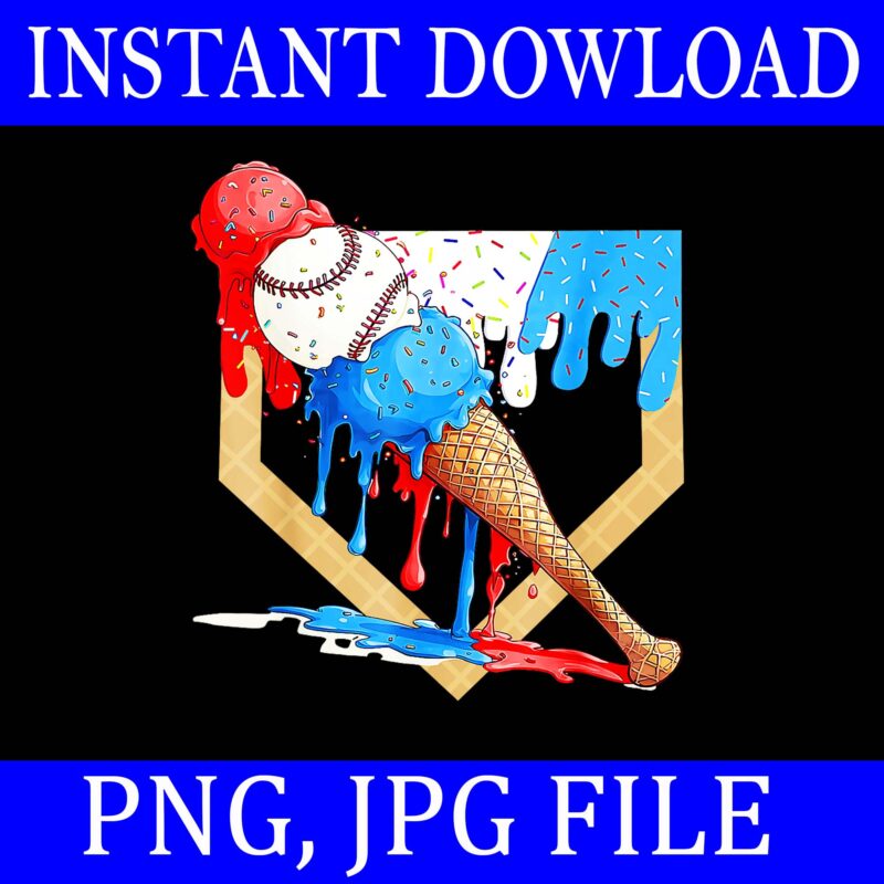 4th of July Red White And Blue Baseball Ice Cream Drip PNG