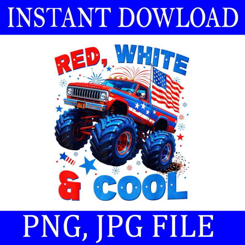 Red White And Cool Monster Truck Fireworks 4th Of July PNG