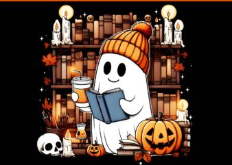 Floral Ghost Reading Books Halloween PNG, Ghost Book Halloween PNG