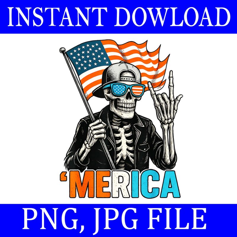 Skeleton Merica Rock American Flag PNG, Skeleton Merica Patriotic USA 4th Of July PNG