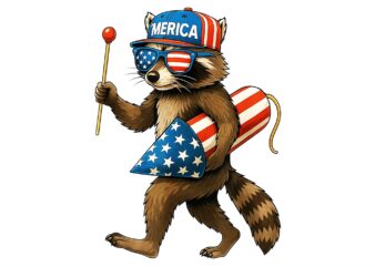 Racoon Fireworks American Flag Patriotic 4th Of July PNG, 4th Of July Racoon PNG