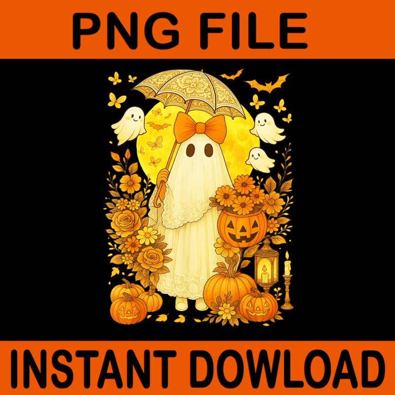 Coquette Floral Ghost Pumpkin Vintage Halloween PNG, Lace Ghost Halloween PNG, Coquette Floral Ghost PNG
