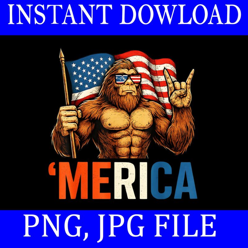 Bigfoot Merica Rock American Flag Patriotic USA PNG, 4th Of July Bigfoot Merica PNG