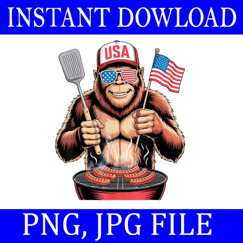 Bigfoot BBQ 4th Of July PNG, Bigfoot Patriotic Sasquatch USA Flag PNG