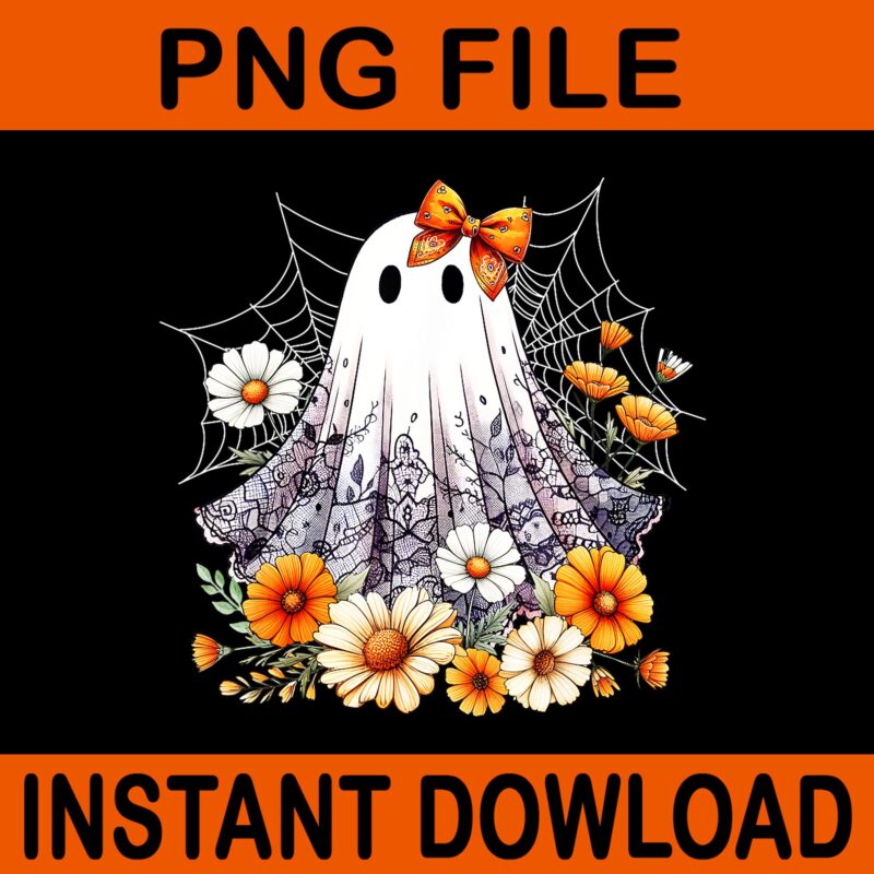 Coquette Ghost Halloween PNG, Flower Ghost Spooky Halloween PNG