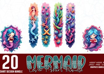 20 Trendy Retro Mermaid Graphics t-shirt design jpeg & png designs – download instantly