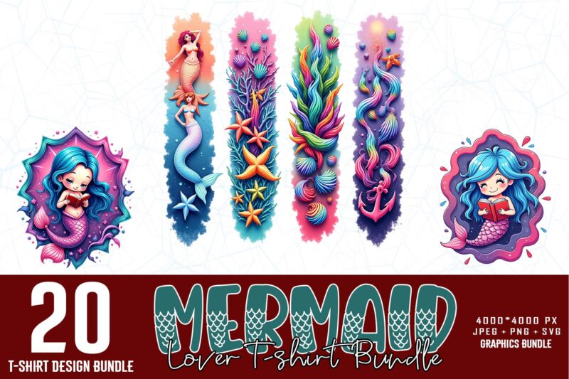 20 Trendy Retro Mermaid Graphics t-shirt design jpeg & png designs – download instantly