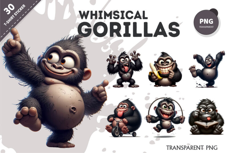 Whimsical cartoon gorillas 03. T-Shirt, PNG.