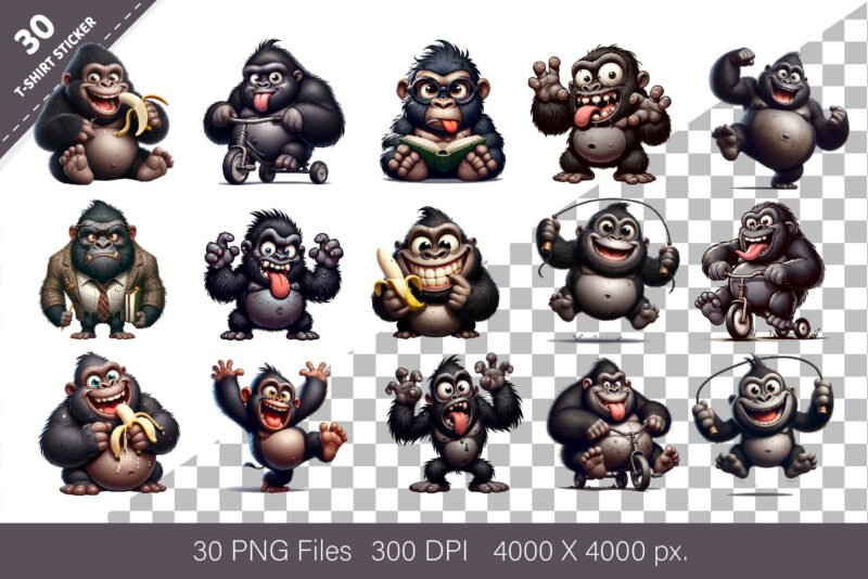 Whimsical cartoon gorillas 03. T-Shirt, PNG.