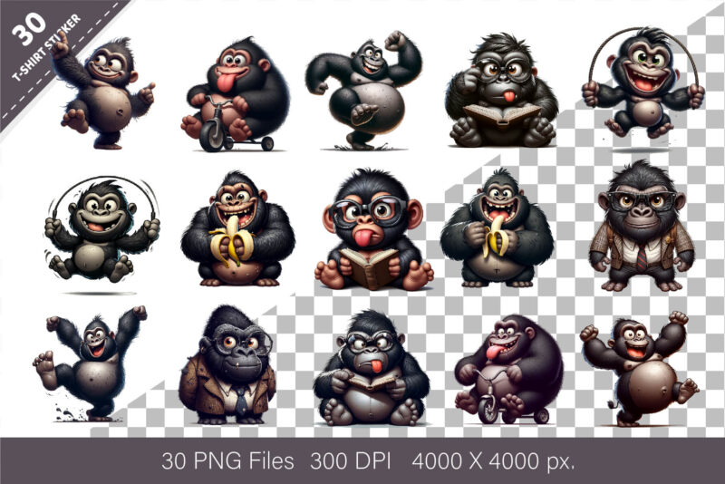 Whimsical cartoon gorillas 03. T-Shirt, PNG.