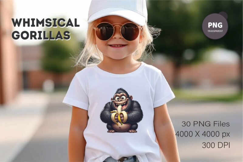Whimsical cartoon gorillas 03. T-Shirt, PNG.