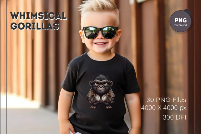 Whimsical cartoon gorillas 03. T-Shirt, PNG.