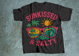 Retro Surf Style “Sunkissed & Salty” Summer T-Shirt Design with Sunglasses, Palm Trees, Waves, and Sun in Neon Colors