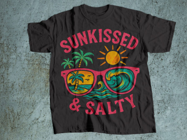 Retro surf style “sunkissed & salty” summer t-shirt design with sunglasses, palm trees, waves, and sun in neon colors
