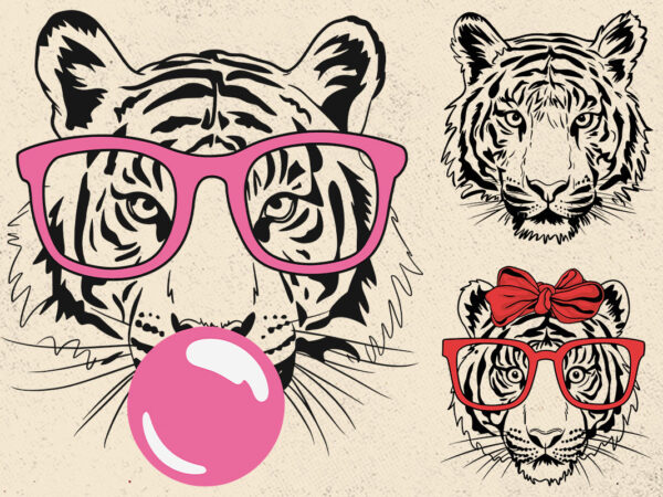 Tiger svg, tiger with glasses bubble gum , tiger mascot svg , funny wild animal head clipart, mascot logo vector