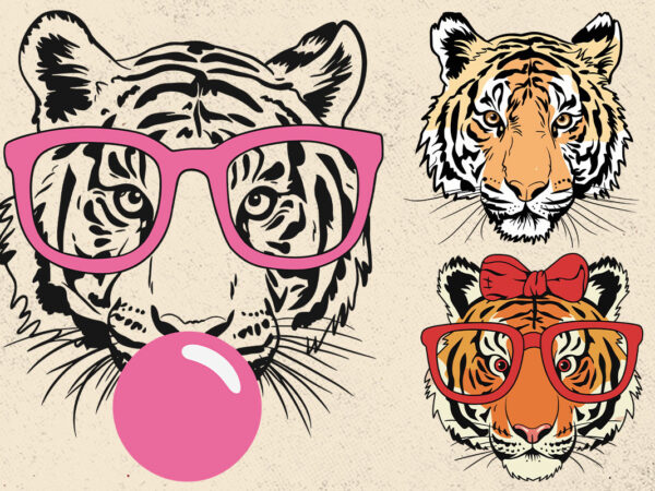 Tiger svg, tiger with glasses bubble gum , tiger mascot svg , funny wild animal head clipart, mascot logo vector