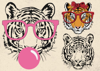 Tiger svg, tiger with glasses bubble gum , Tiger mascot svg , funny Wild Animal head Clipart, mascot logo Vector