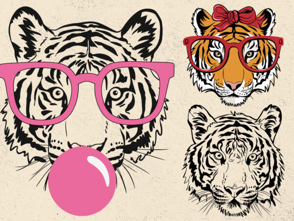Tiger svg, tiger with glasses bubble gum , tiger mascot svg , funny wild animal head clipart, mascot logo vector