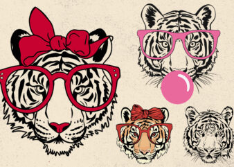 Tiger svg, tiger with glasses bubble gum , Tiger mascot svg , funny Wild Animal head Clipart, mascot logo Vector