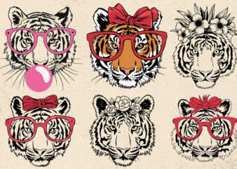 Tiger svg, tiger with glasses bubble gum , Tiger mascot svg , funny Wild Animal head Clipart, mascot logo Vector