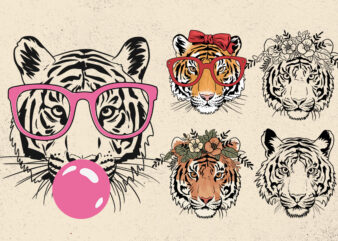 Tiger svg, tiger with glasses bubble gum , Tiger mascot svg , funny Wild Animal head Clipart, mascot logo Vector