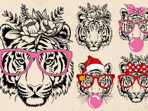 Tiger svg, tiger with glasses bubble gum , tiger mascot svg , funny wild animal head clipart, mascot logo vector