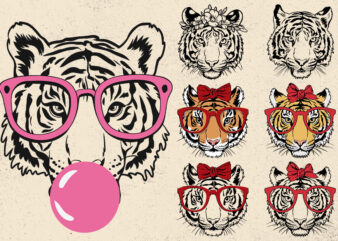 Tiger svg, tiger with glasses bubble gum , Tiger mascot svg , funny Wild Animal head Clipart, mascot logo Vector