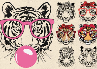 Tiger svg, tiger with glasses bubble gum , Tiger mascot svg , funny Wild Animal head Clipart, mascot logo Vector