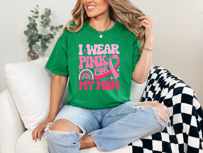 I Wear Pink for My Mom Breast Cancer Awareness T-shirt – Pink Ribbon and Rainbow Design to Support Cancer Fighters – Empowering and Loving S