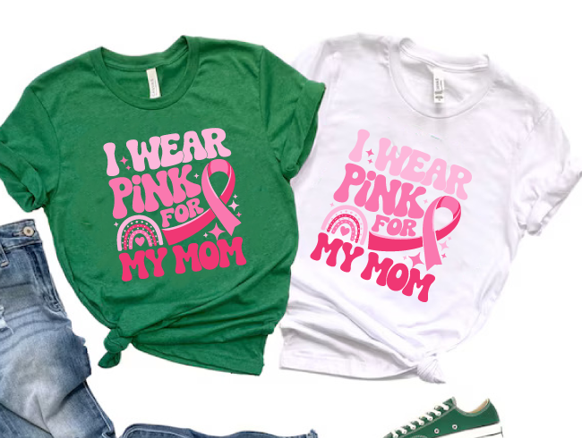 I Wear Pink for My Mom Breast Cancer Awareness T-shirt – Pink Ribbon and Rainbow Design to Support Cancer Fighters – Empowering and Loving S