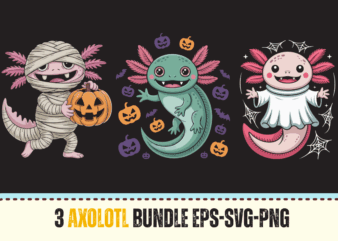 3 Halloween Axolotl Bundle | Cute Axolotl SVG PNG EPS for Halloween Crafts