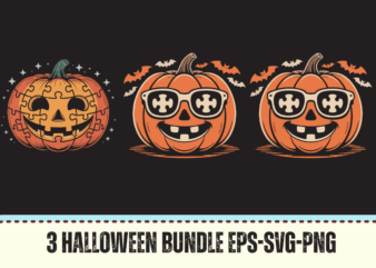 3 Halloween Pumpkin Bundle – Puzzle, Cool Sunglasses & Bat Designs (SVG, EPS, PNG) Halloween bundle,