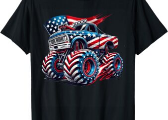 4th of July Monster Truck American Flag USA Boys Kids Tee T-Shirt