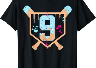 Baseball 9 Year Old Ice Cream Drip 9th Birthday Boy Number 9 T-Shirt
