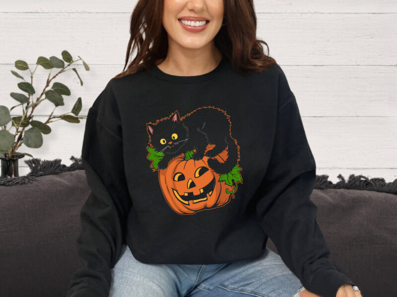 Black Cat Pumpkin Halloween Svg Png, Vintage Fall Gifts, Halloween Tshirts and Hoodies, Spooky Season Svg File, Digital Download