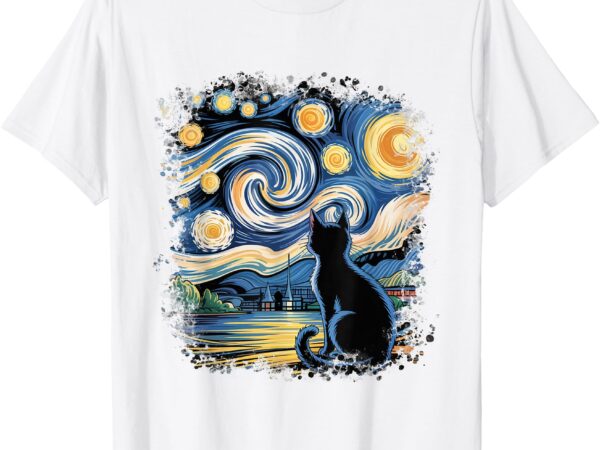 Bleached black cat starry night van gogh cat art t-shirt