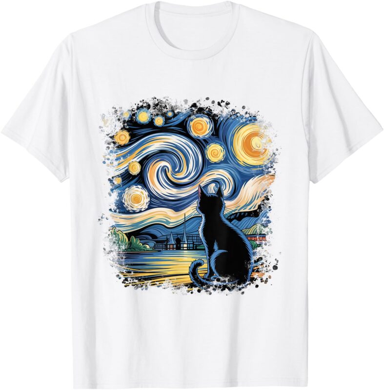 Bleached Black Cat Starry Night Van Gogh Cat Art T-Shirt