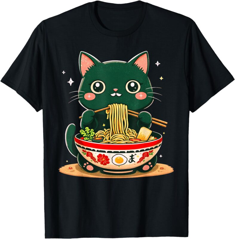 Cat Eating Ramen Noodles Vintage Kawaii Anime Cat Ramen Cats T-Shirt