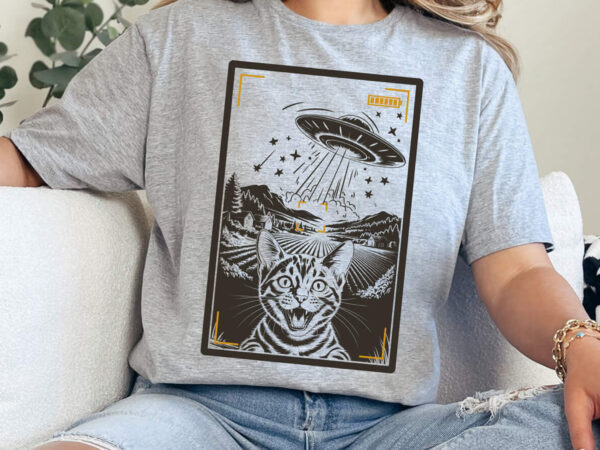 Funny cat selfie with ufo svg png, alien spaceship illustration, funny t-shirt graphic, sci-fi cat meme design, instant download