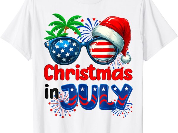 Christmas in july summer beach hawaii santa usa flag mens t-shirt
