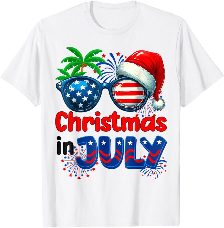 Christmas In July Summer Beach Hawaii Santa USA Flag Mens T-Shirt