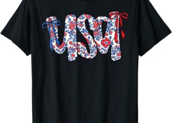 Coquette Bow 4th Of July USA Floral USA For Women Girls T-Shirt