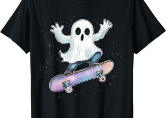 Cute Ghost On Skateboard Funny Halloween Skater T-Shirt