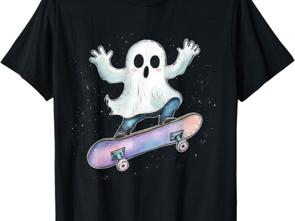 Cute ghost on skateboard funny halloween skater t-shirt
