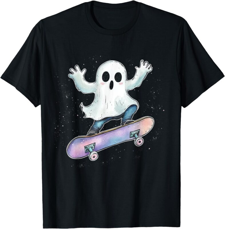 Cute Ghost On Skateboard Funny Halloween Skater T-Shirt