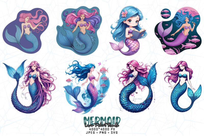 20 Watercolour Cute Mermaid Illustration T-shirt design – download instantly