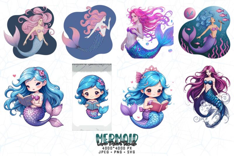 20 Watercolour Cute Mermaid Illustration T-shirt design – download instantly